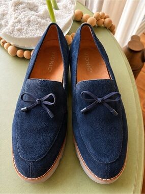 Vionic Finley Navy Suede Loafers Wide Width Size 7.5 Orthotic Comfort Shoes
